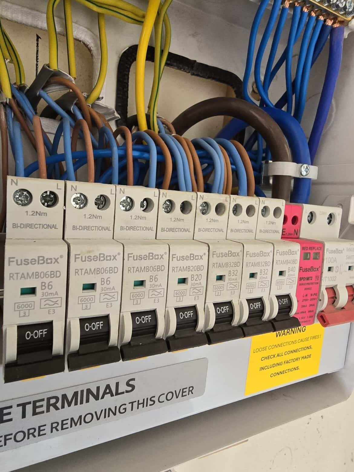 New FuseBox consumer unit with RCBO breakers and surge protection neatly wired